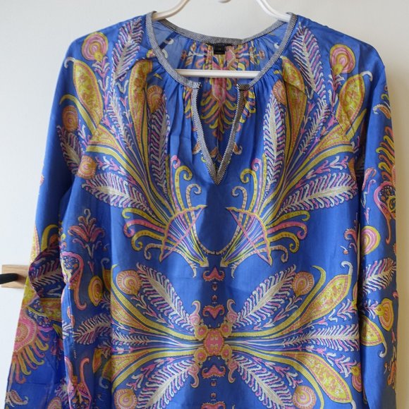 J.Crew Cotton Silk Feather Paisley Printed Blouse popover XS 0 2 - Picture 8 of 16